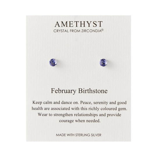 Sterling Silver February (Amethyst) Birthstone Earrings Created with Zircondia® Crystals - Philip Jones Jewellery