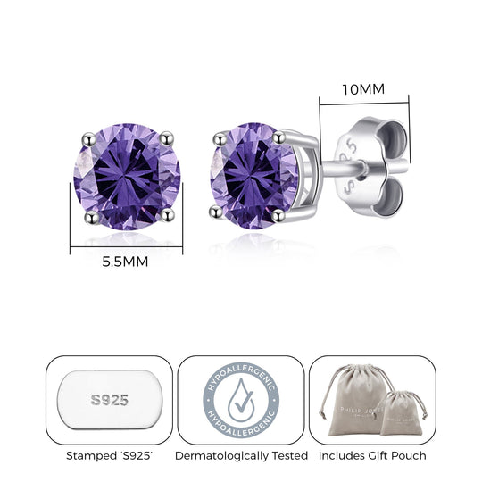 Sterling Silver February (Amethyst) Birthstone Earrings Created with Zircondia® Crystals - Philip Jones Jewellery
