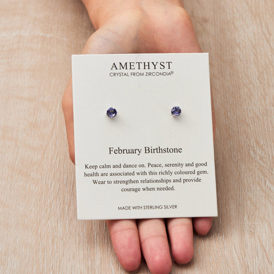 Sterling Silver February (Amethyst) Birthstone Earrings Created with Zircondia® Crystals - Philip Jones Jewellery