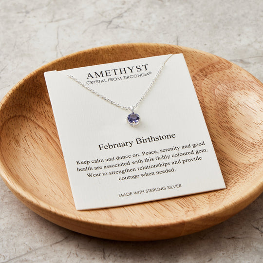 Sterling Silver February (Amethyst) Birthstone Necklace Created with Zircondia® Crystals - Philip Jones Jewellery
