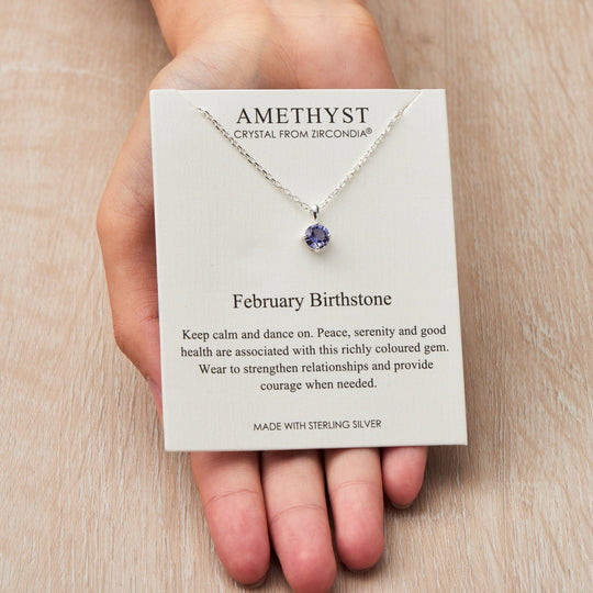 Sterling Silver February (Amethyst) Birthstone Necklace Created with Zircondia® Crystals - Philip Jones Jewellery