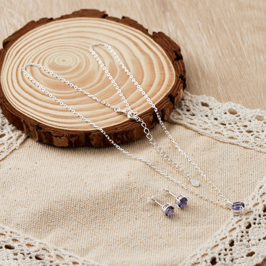 Sterling Silver February (Amethyst) Birthstone Necklace & Earrings Set Created with Zircondia® Crystals - Philip Jones Jewellery