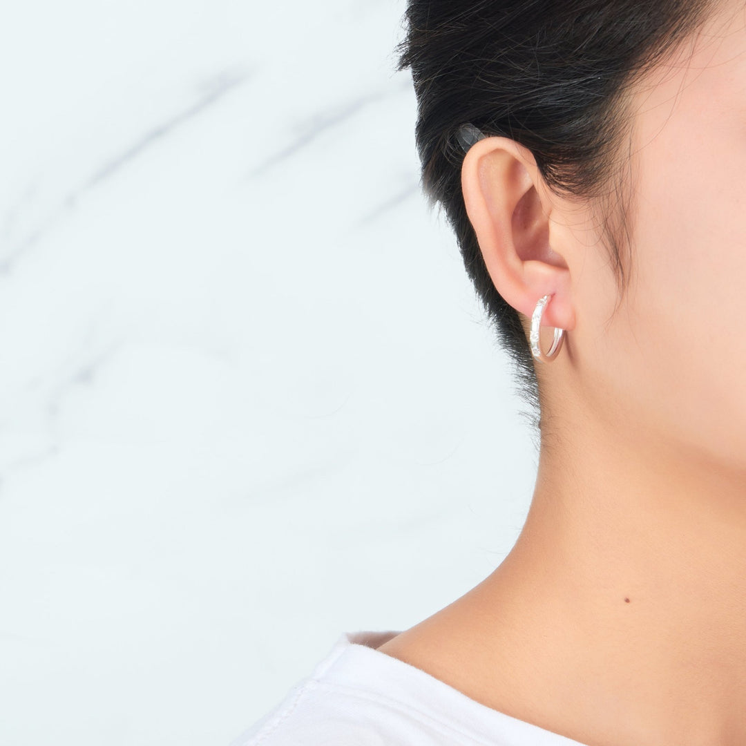 Sterling Silver Four Stone Hoop Earrings Created with Zircondia® Crystals - Philip Jones Jewellery