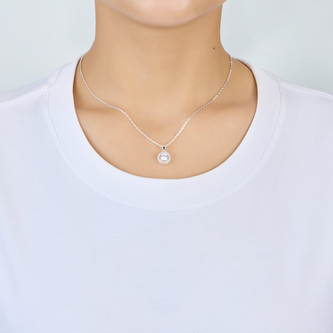 Sterling Silver Halo Necklace Created with Zircondia® Crystals - Philip Jones Jewellery