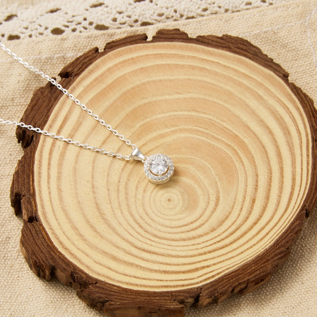 Sterling Silver Halo Necklace Created with Zircondia® Crystals - Philip Jones Jewellery