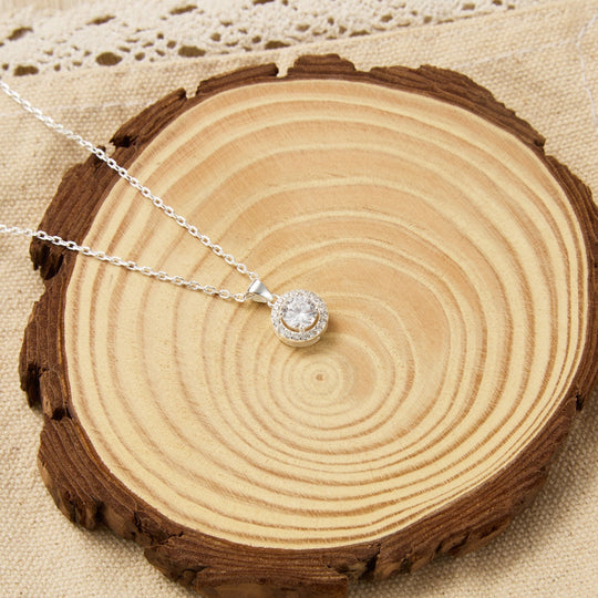 Sterling Silver Halo Necklace Created with Zircondia® Crystals - Philip Jones Jewellery