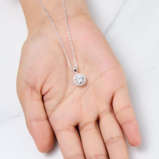 Sterling Silver Halo Necklace Created with Zircondia® Crystals - Philip Jones Jewellery