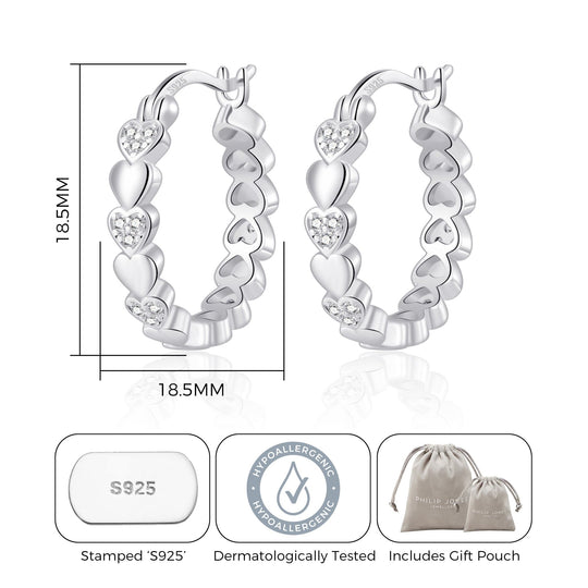 Sterling Silver Heart Hoop Earrings Created with Zircondia® Crystals - Philip Jones Jewellery