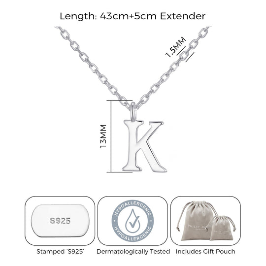 Sterling Silver Initial K Necklace - Philip Jones Jewellery