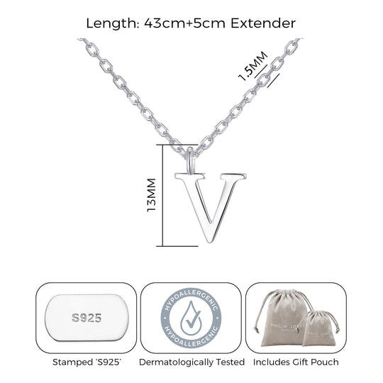 Sterling Silver Initial V Necklace - Philip Jones Jewellery