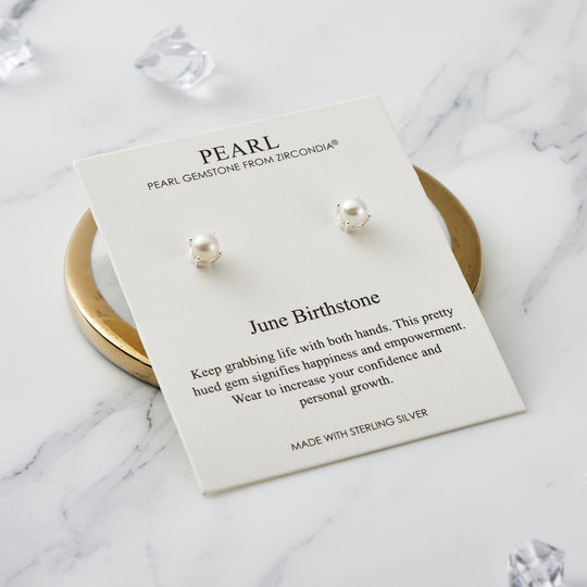 Sterling Silver June (Pearl) Birthstone Earrings Created with Gemstones from Zircondia® - Philip Jones Jewellery