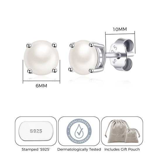 Sterling Silver June (Pearl) Birthstone Earrings Created with Gemstones from Zircondia® - Philip Jones Jewellery