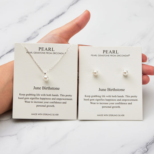 Sterling Silver June (Pearl) Birthstone Necklace & Earrings Set Created with Zircondia® Crystals - Philip Jones Jewellery