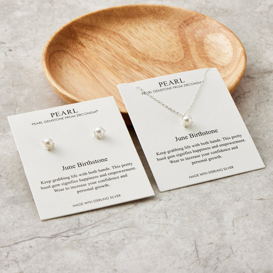 Sterling Silver June (Pearl) Birthstone Necklace & Earrings Set Created with Zircondia® Crystals - Philip Jones Jewellery
