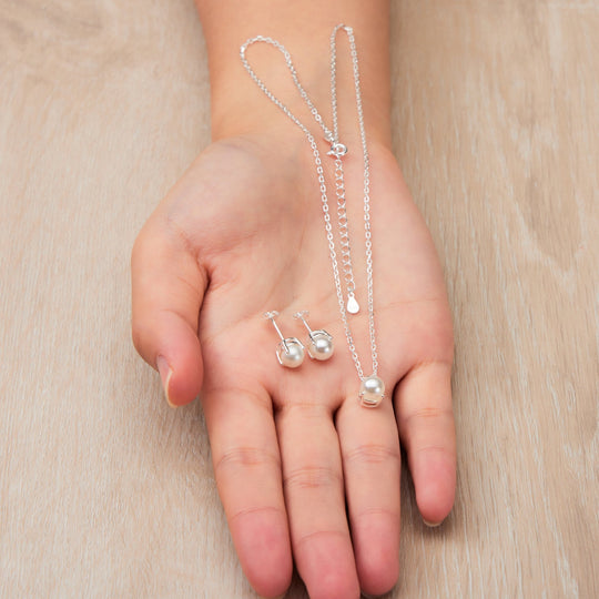 Sterling Silver June (Pearl) Birthstone Necklace & Earrings Set Created with Zircondia® Crystals - Philip Jones Jewellery