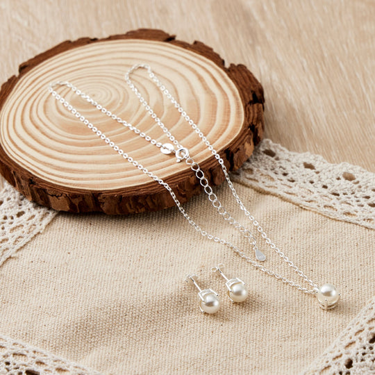 Sterling Silver June (Pearl) Birthstone Necklace & Earrings Set Created with Zircondia® Crystals - Philip Jones Jewellery