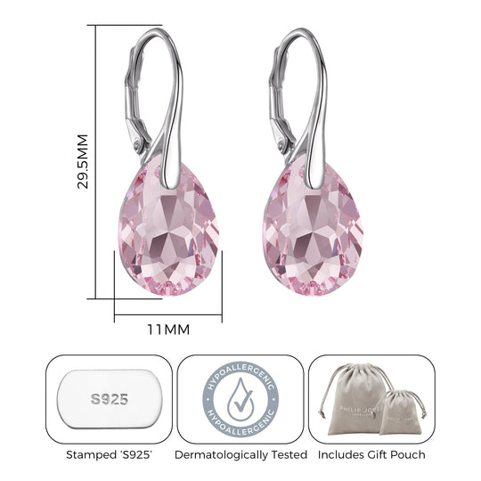 Sterling Silver Light Rose Drop Earrings Created with Zircondia® Crystals - Philip Jones Jewellery