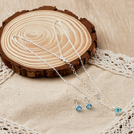 Sterling Silver March (Aquamarine) Birthstone Necklace & Earrings Set Created with Zircondia® Crystals - Philip Jones Jewellery