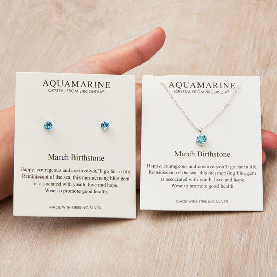 Sterling Silver March (Aquamarine) Birthstone Necklace & Earrings Set Created with Zircondia® Crystals - Philip Jones Jewellery