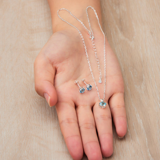 Sterling Silver March (Aquamarine) Birthstone Necklace & Earrings Set Created with Zircondia® Crystals - Philip Jones Jewellery