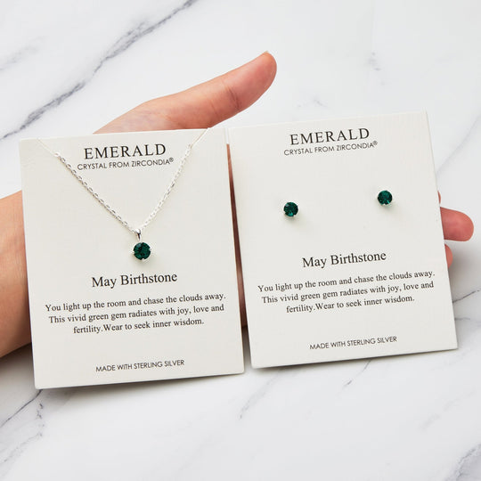 Sterling Silver May (Emerald) Birthstone Necklace & Earrings Set Created with Zircondia® Crystals - Philip Jones Jewellery