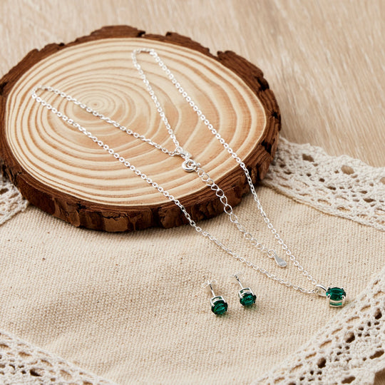 Sterling Silver May (Emerald) Birthstone Necklace & Earrings Set Created with Zircondia® Crystals - Philip Jones Jewellery