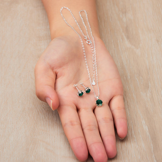Sterling Silver May (Emerald) Birthstone Necklace & Earrings Set Created with Zircondia® Crystals - Philip Jones Jewellery