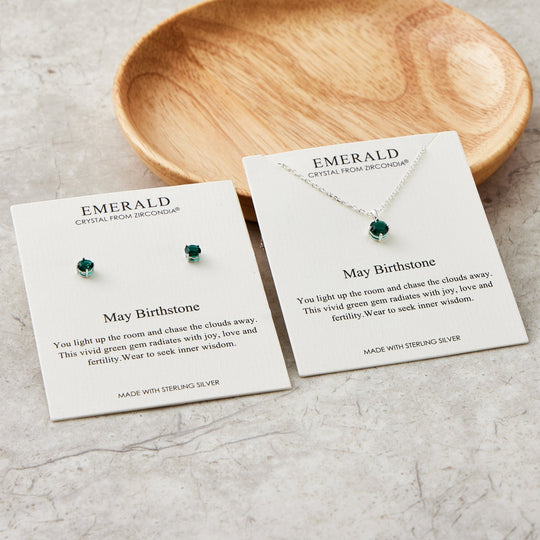 Sterling Silver May (Emerald) Birthstone Necklace & Earrings Set Created with Zircondia® Crystals - Philip Jones Jewellery