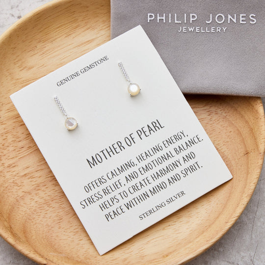 Sterling Silver Mother of Pearl Gemstone Drop Earrings with Quote Card - Philip Jones Jewellery
