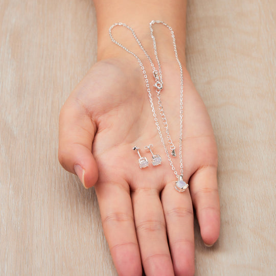 Sterling Silver October (Opal) Birthstone Necklace & Earrings Set Created with Zircondia® Crystals - Philip Jones Jewellery