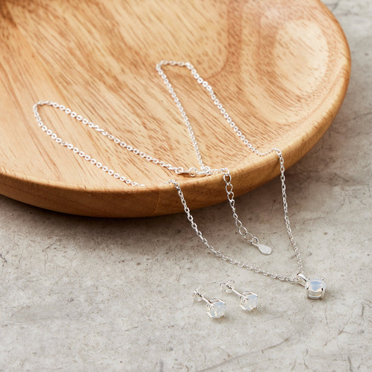 Sterling Silver October (Opal) Birthstone Necklace & Earrings Set Created with Zircondia® Crystals - Philip Jones Jewellery