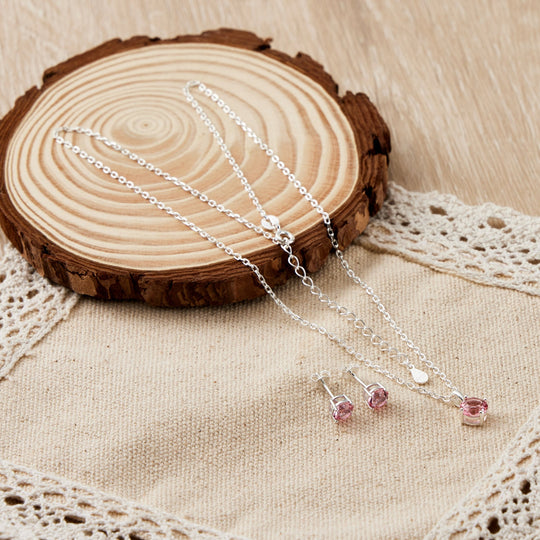Sterling Silver October (Tourmaline) Birthstone Necklace & Earrings Set Created with Zircondia® Crystals - Philip Jones Jewellery