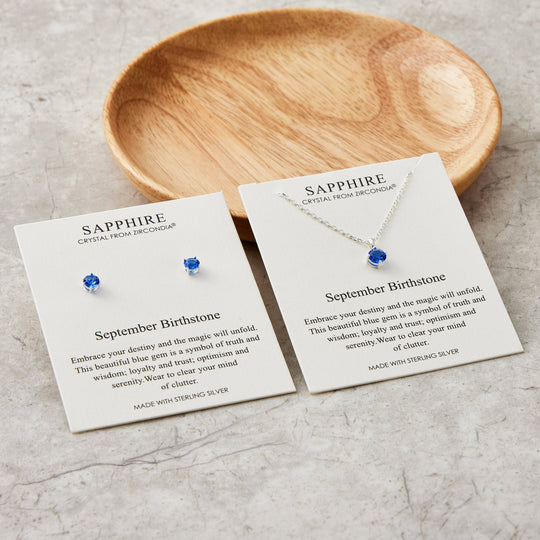 Sterling Silver September (Sapphire) Birthstone Necklace & Earrings Set Created with Zircondia® Crystals - Philip Jones Jewellery