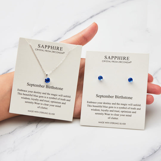 Sterling Silver September (Sapphire) Birthstone Necklace & Earrings Set Created with Zircondia® Crystals - Philip Jones Jewellery