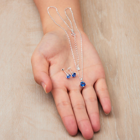 Sterling Silver September (Sapphire) Birthstone Necklace & Earrings Set Created with Zircondia® Crystals - Philip Jones Jewellery