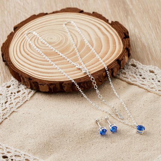 Sterling Silver September (Sapphire) Birthstone Necklace & Earrings Set Created with Zircondia® Crystals - Philip Jones Jewellery
