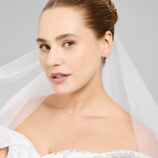 Sterling Silver Solitaire Drop Bridal Earrings Created with Zircondia® Crystals - Philip Jones Jewellery