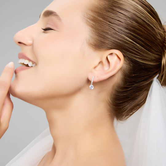 Sterling Silver Solitaire Drop Bridal Earrings Created with Zircondia® Crystals - Philip Jones Jewellery