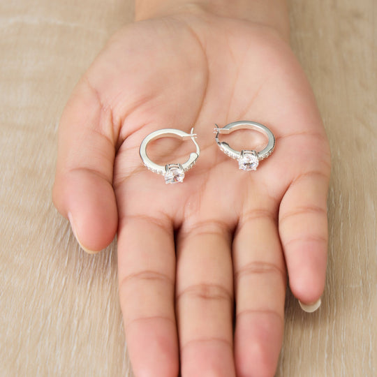 Sterling Silver Solitaire Hoop Earrings Created with Zircondia® Crystals - Philip Jones Jewellery