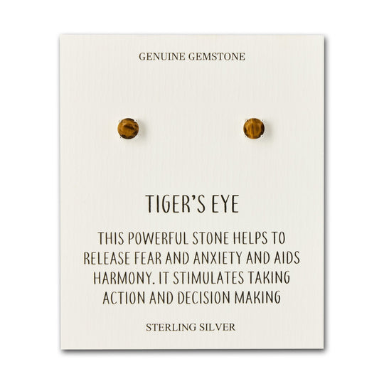 Sterling Silver Tigers Eye Gemstone Earrings with Quote Card - Philip Jones Jewellery