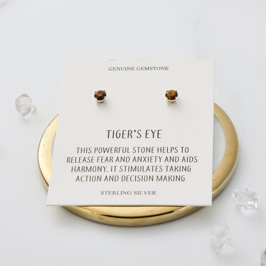 Sterling Silver Tigers Eye Gemstone Earrings with Quote Card - Philip Jones Jewellery