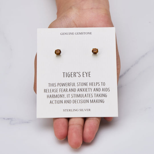 Sterling Silver Tigers Eye Gemstone Earrings with Quote Card - Philip Jones Jewellery