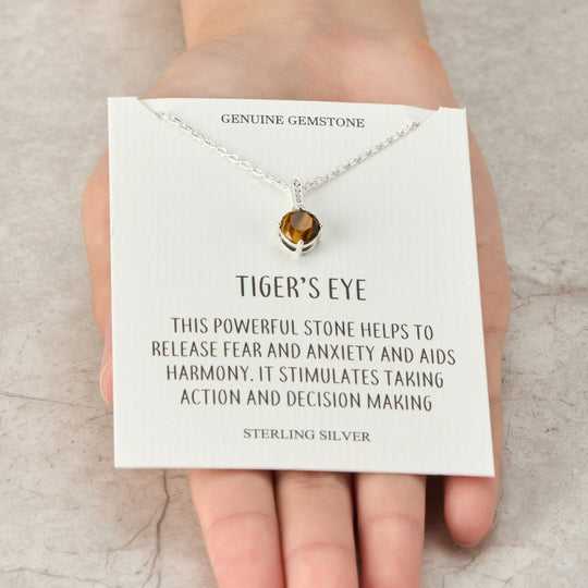 Sterling Silver Tigers Eye Gemstone Necklace with Quote Card - Philip Jones Jewellery