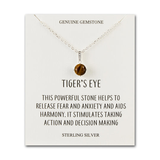 Sterling Silver Tigers Eye Gemstone Necklace with Quote Card - Philip Jones Jewellery