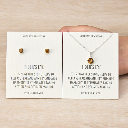 Sterling Silver Tigers Eye Gemstone Set with Quote Card - Philip Jones Jewellery