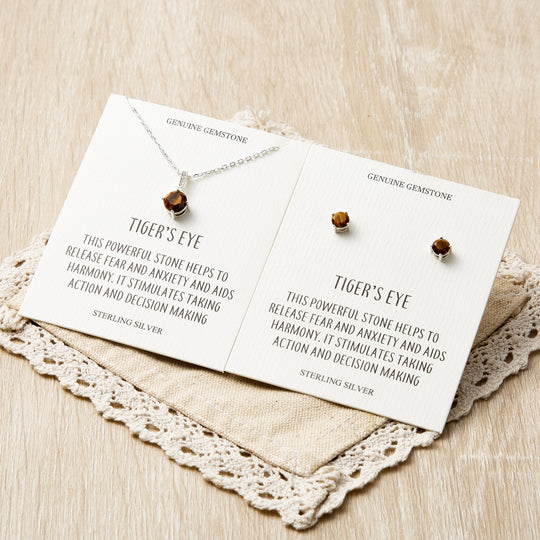 Sterling Silver Tigers Eye Gemstone Set with Quote Card - Philip Jones Jewellery