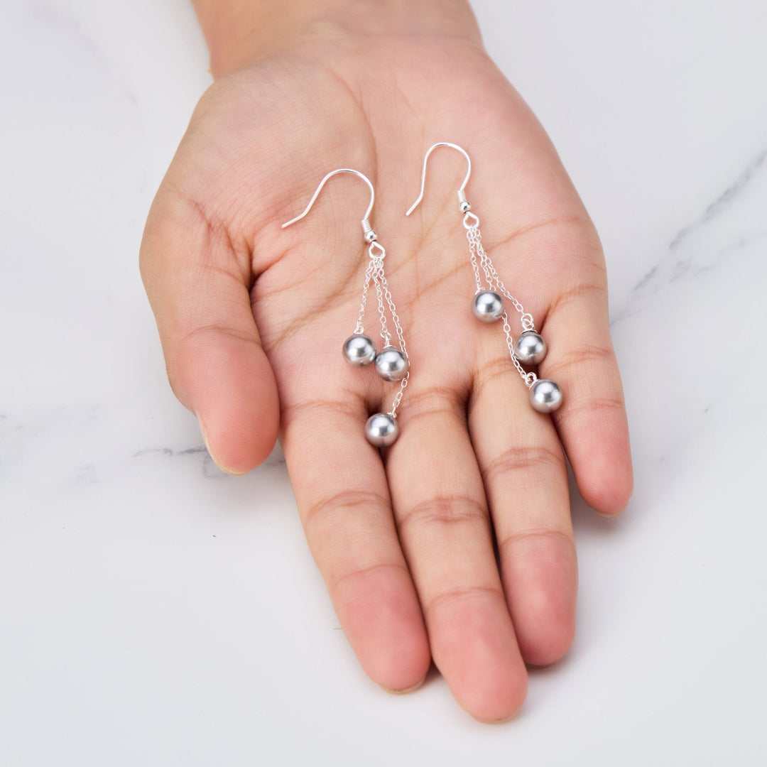 Sterling Silver Triple Grey Pearl Drop Earrings - Philip Jones Jewellery