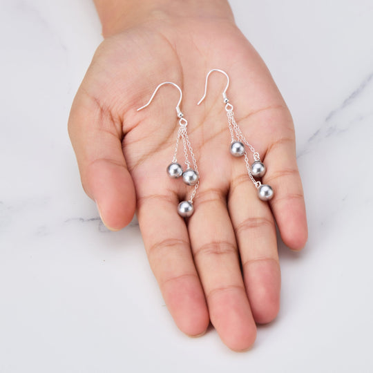 Sterling Silver Triple Grey Pearl Drop Earrings - Philip Jones Jewellery