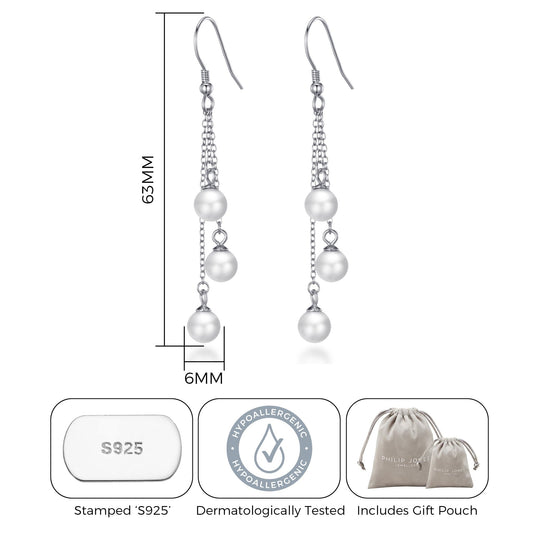 Sterling Silver Triple White Pearl Drop Earrings - Philip Jones Jewellery