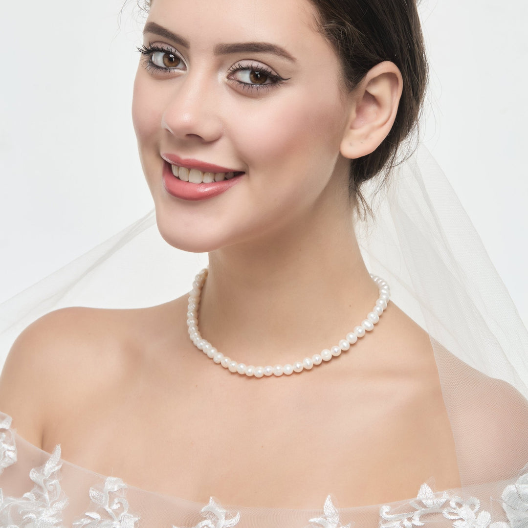 Sterling Silver White Freshwater Pearl Strand Choker Necklace - Philip Jones Jewellery